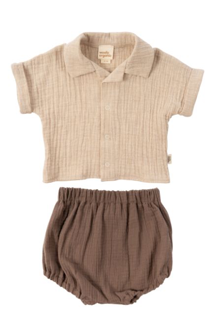 Set camicetta in mussola con pantaloncini – 100% cotone biologico GOTS – Ecru/Brown