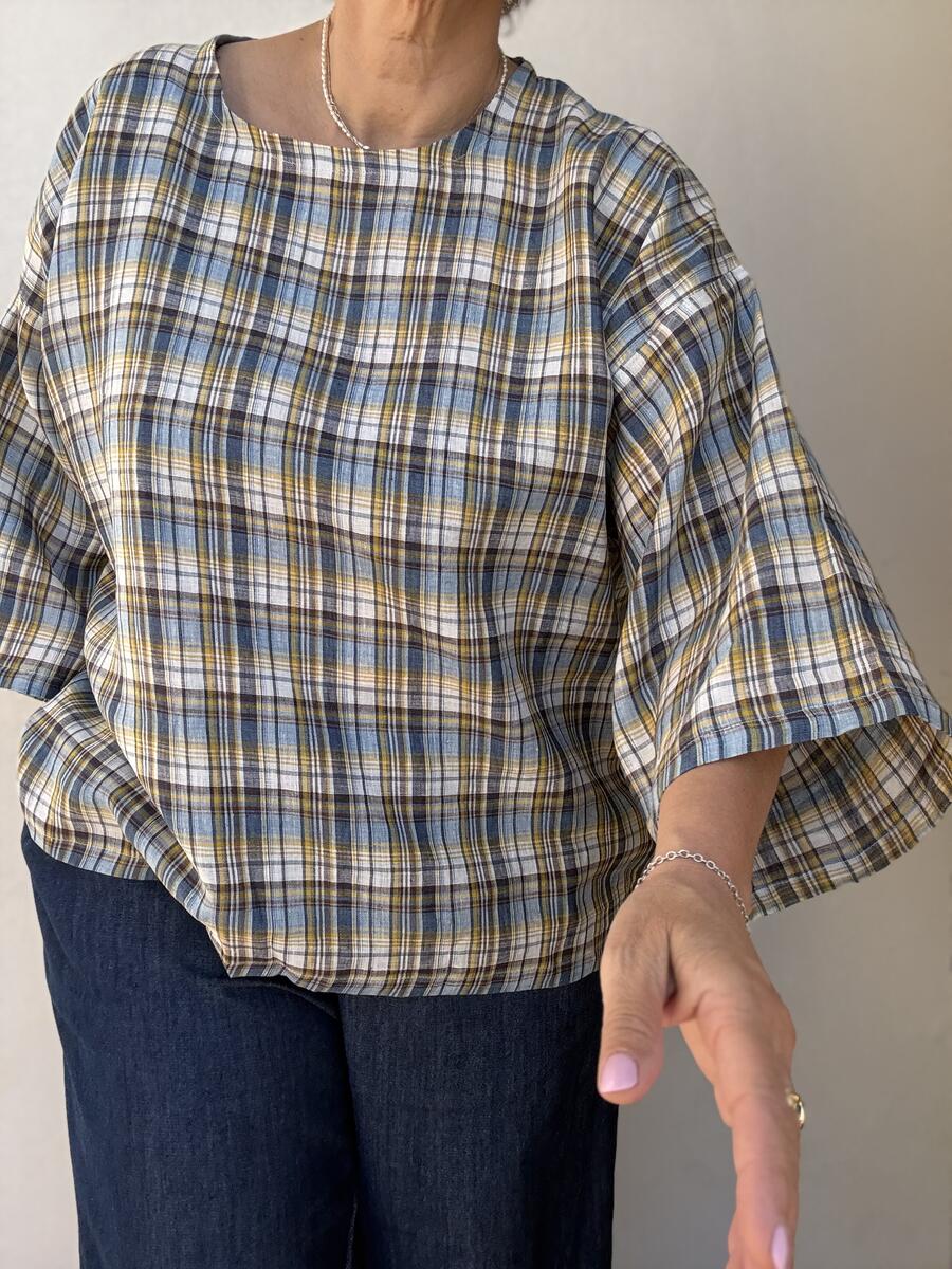 Camicia quadri azzurro in lino