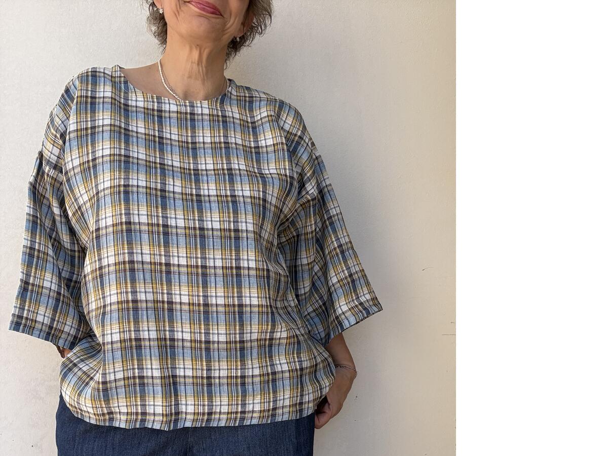 Camicia quadri azzurro in lino