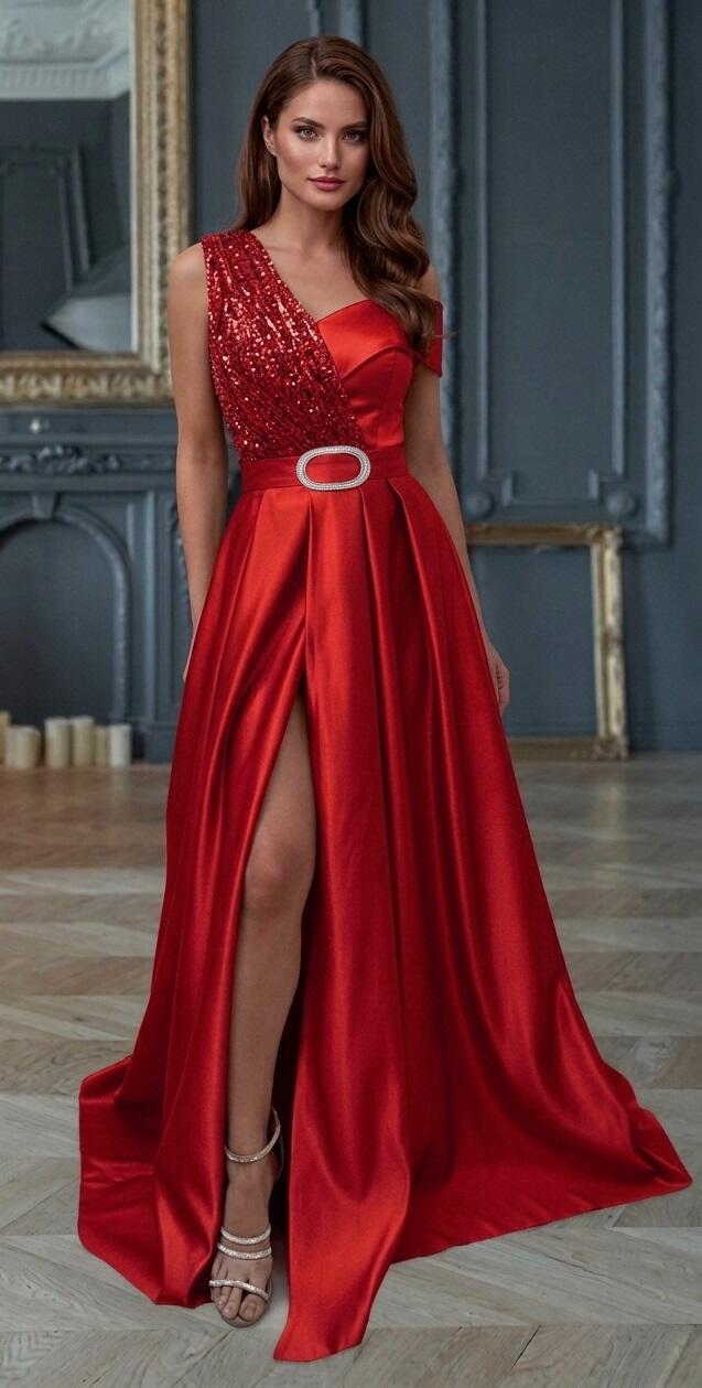 0890 Abito in raso con spacco laterale e paillettes 