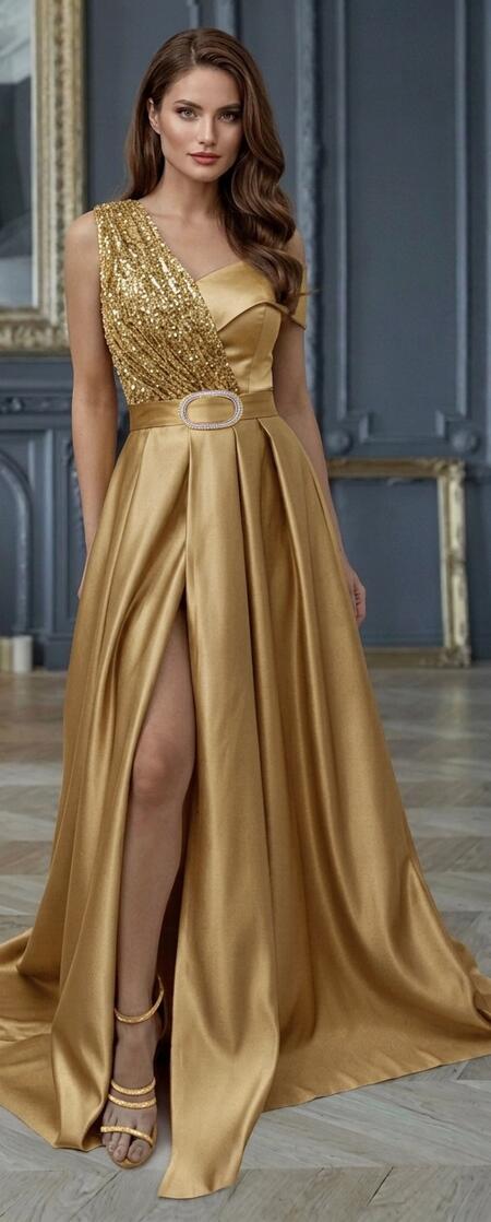 0891 Abito in raso con spacco laterale e paillettes 