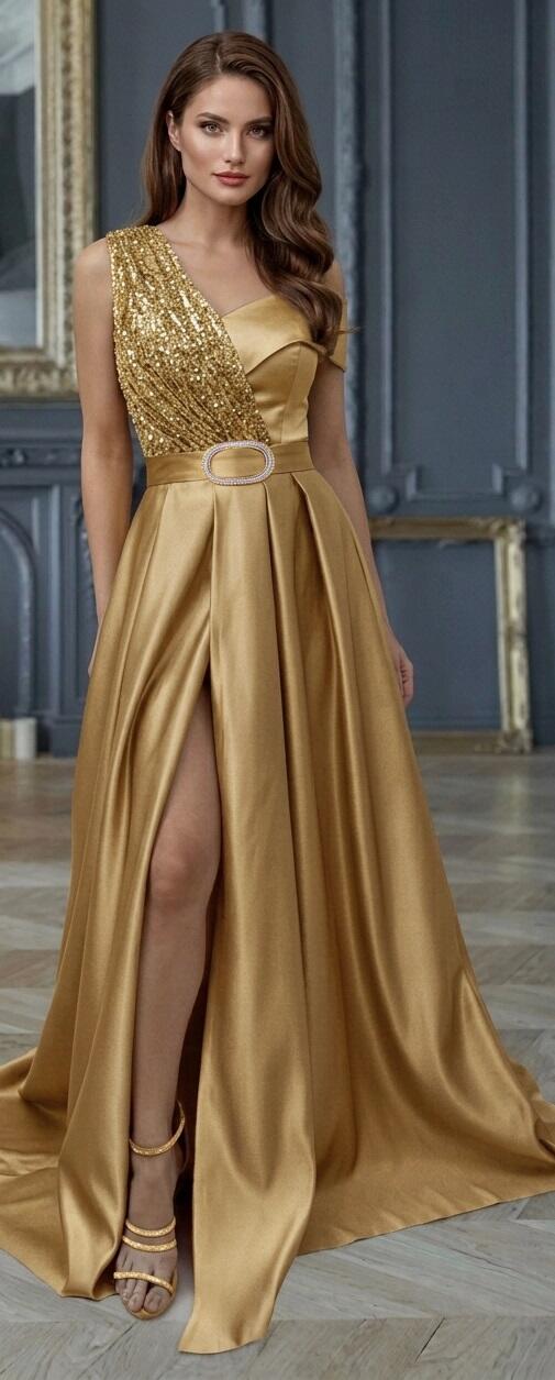 0891 Abito in raso con spacco laterale e paillettes 