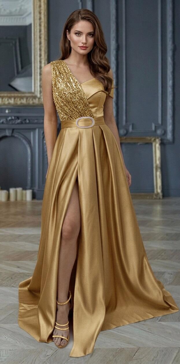 0891 Abito in raso con spacco laterale e paillettes 