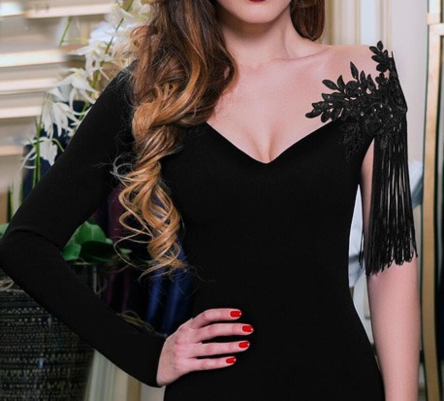 0543 SINGLE-SLEEVED ASYMMETRIC TUBE DRESS WITH FRINGES