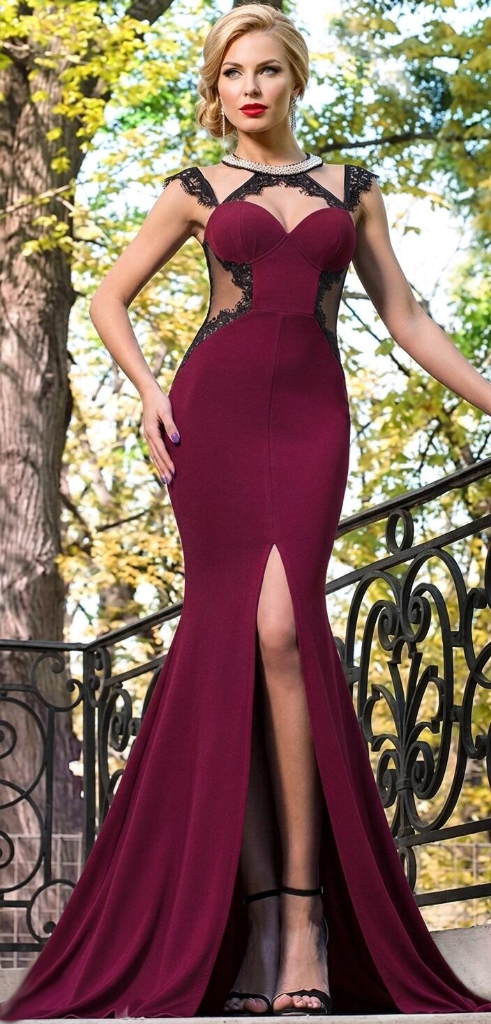 0805 SIREN DRESS IN LYCRA WITH CENTRAL SLIT ON THE SIDES WITH TRANSPARENT TULLE AND RHINESTONES
