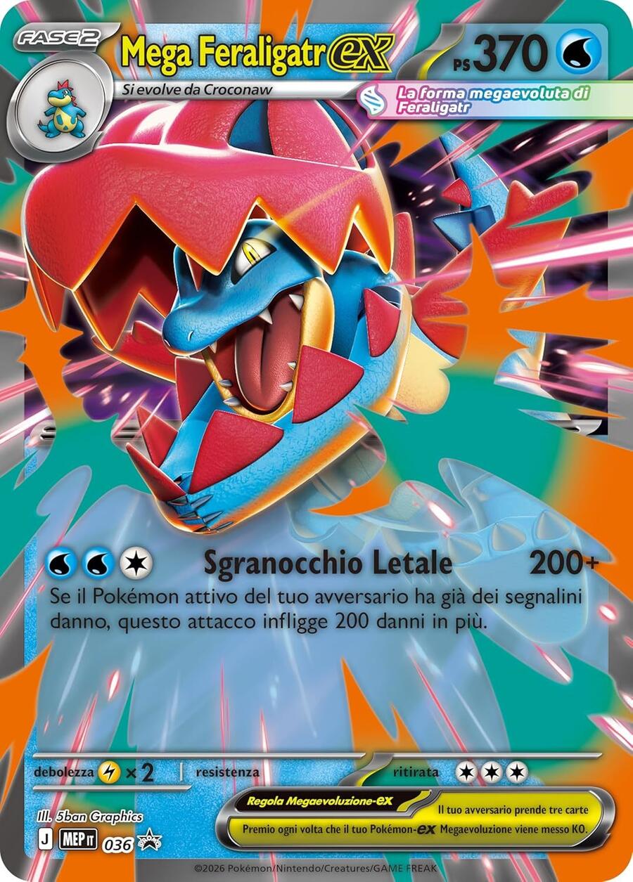 Pokémon: collezione Mega Feraligatr-ex dell’espansione Megaevoluzione - Ascesa Eroica del GCC Pokémon (una carta promozionale olografica, una carta lenticolare gigante e quattro buste di espansione) - 104