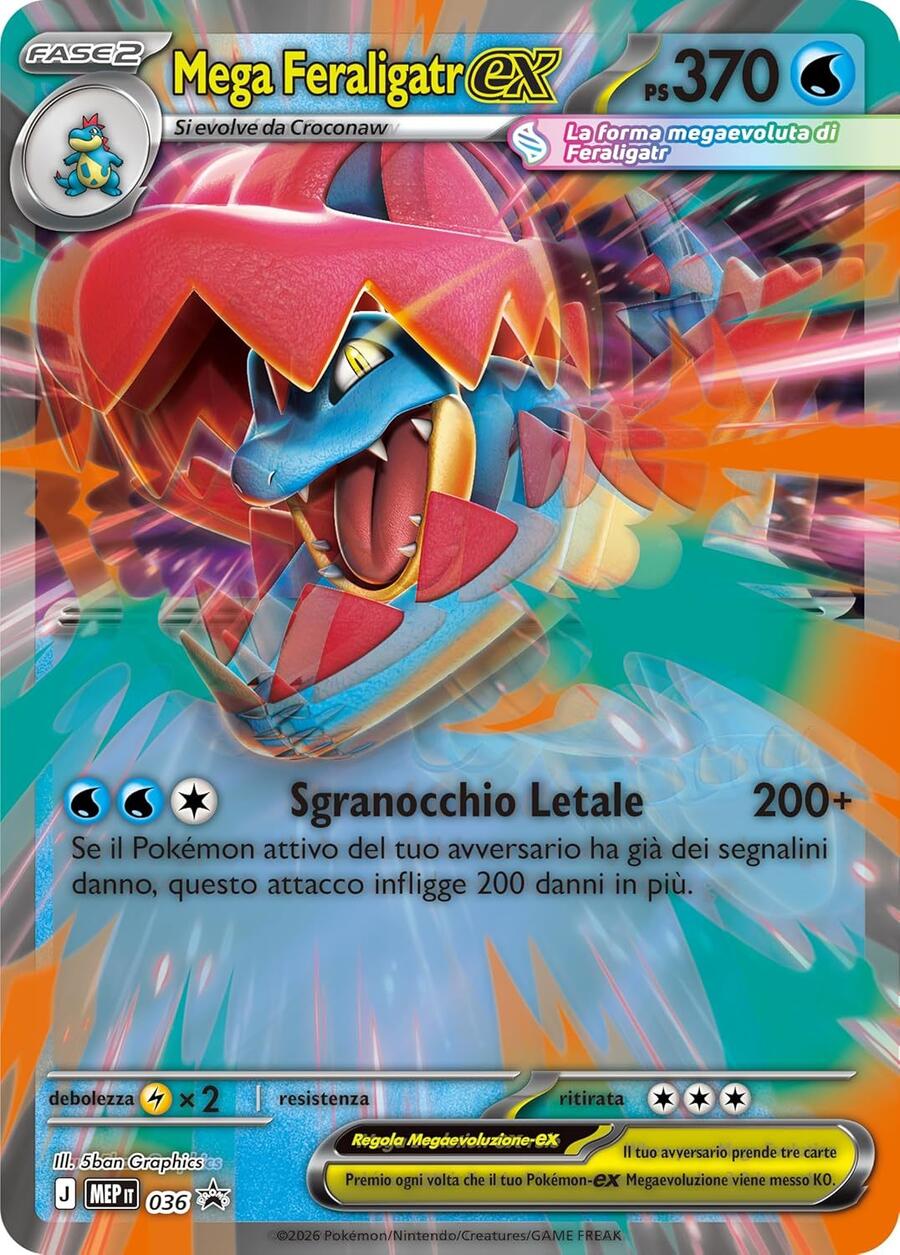 Pokémon: collezione Mega Feraligatr-ex dell’espansione Megaevoluzione - Ascesa Eroica del GCC Pokémon (una carta promozionale olografica, una carta lenticolare gigante e quattro buste di espansione) - 104