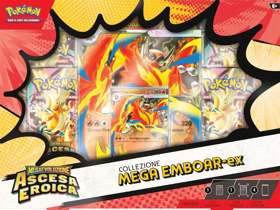 Pokémon: collezione Mega Emboar-ex dell’espansione Megaevoluzione - Ascesa Eroica del GCC Pokémon (una carta promozionale olografica, una carta lenticolare gigante e quattro buste di espansione)