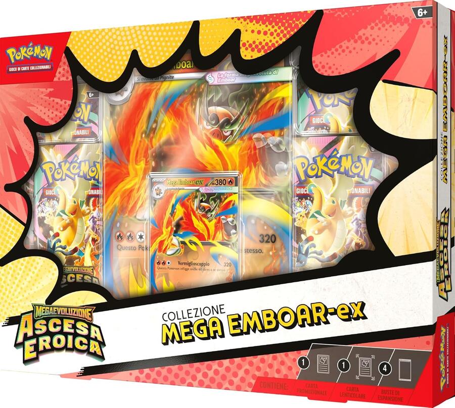 Pokémon: collezione Mega Emboar-ex dell’espansione Megaevoluzione - Ascesa Eroica del GCC Pokémon (una carta promozionale olografica, una carta lenticolare gigante e quattro buste di espansione)