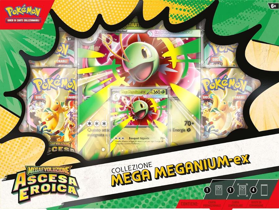 Pokémon: collezione Mega Meganium-ex dell’espansione Megaevoluzione - Ascesa Eroica del GCC Pokémon (una carta promozionale olografica, una carta lenticolare gigante e quattro buste di espansione)