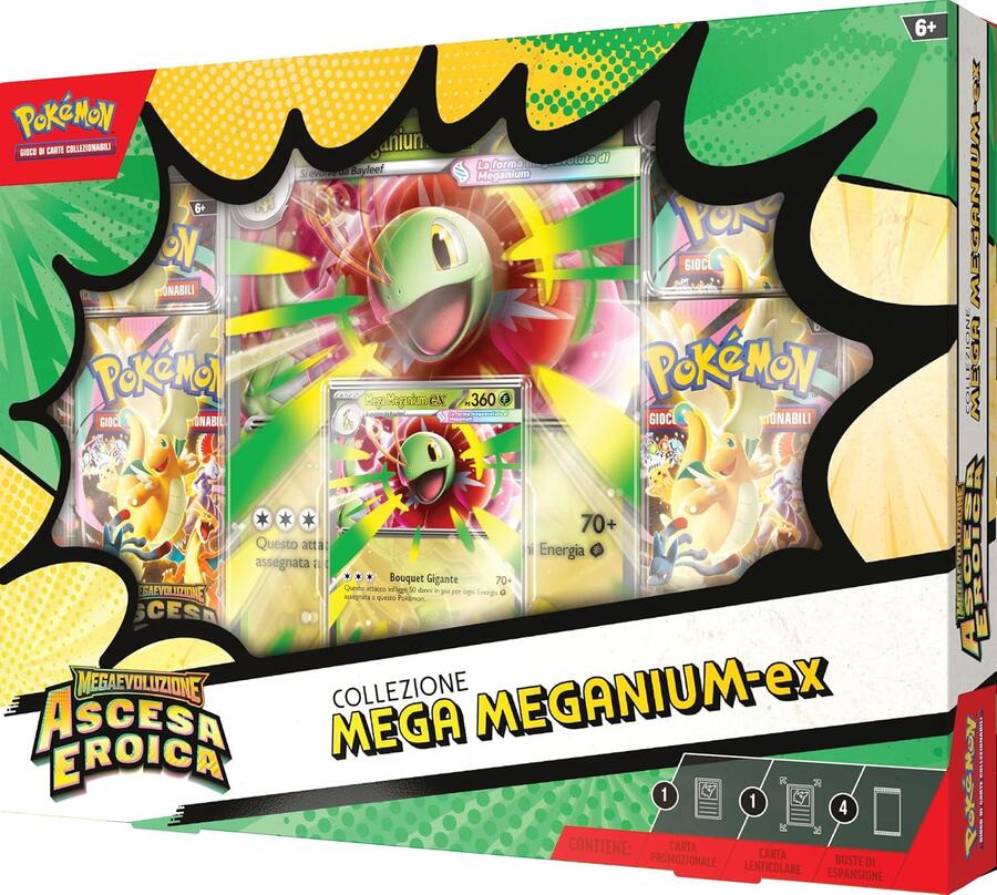 Pokémon: collezione Mega Meganium-ex dell’espansione Megaevoluzione - Ascesa Eroica del GCC Pokémon (una carta promozionale olografica, una carta lenticolare gigante e quattro buste di espansione)