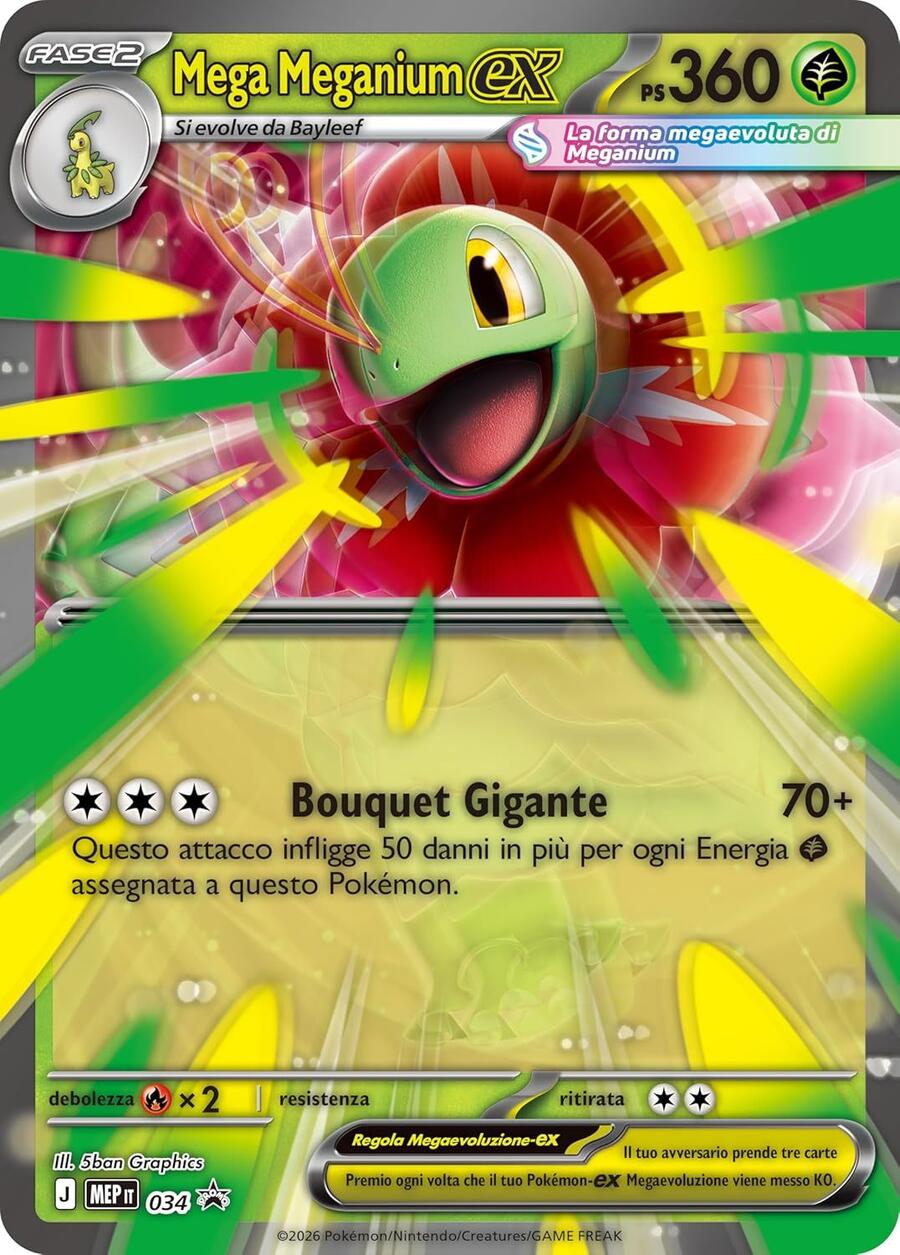 Pokémon: collezione Mega Meganium-ex dell’espansione Megaevoluzione - Ascesa Eroica del GCC Pokémon (una carta promozionale olografica, una carta lenticolare gigante e quattro buste di espansione)