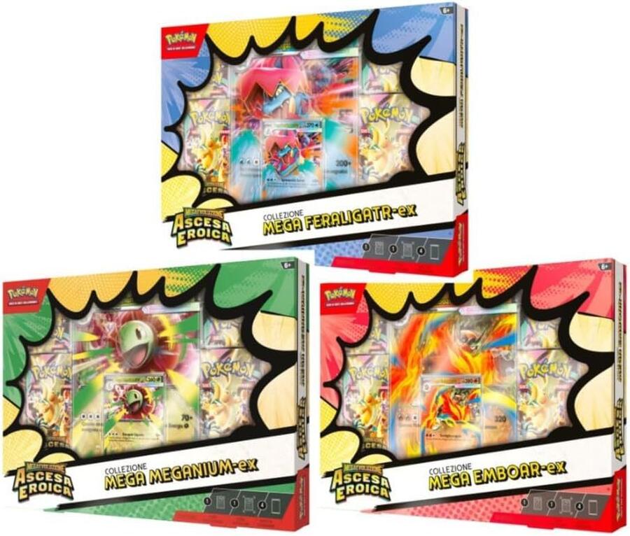 Pokémon Ascesa Eroica Collezione Mega EX Trio ITA – Mega Emboar ex, Mega Feraligatr ex, Mega Meganium ex – Set Carte Pokémon GCC Italiano 