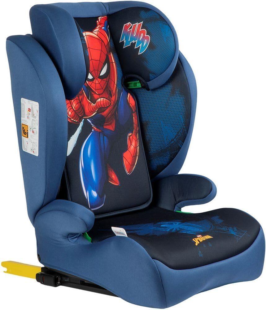 Tataway Marvel Seggiolino auto Spiderman con attacco ISOFIX per la sicurezza dei bambini con altezza da 100 a 150 cm con grafiche del supereroe uomo ragno su fondo blu