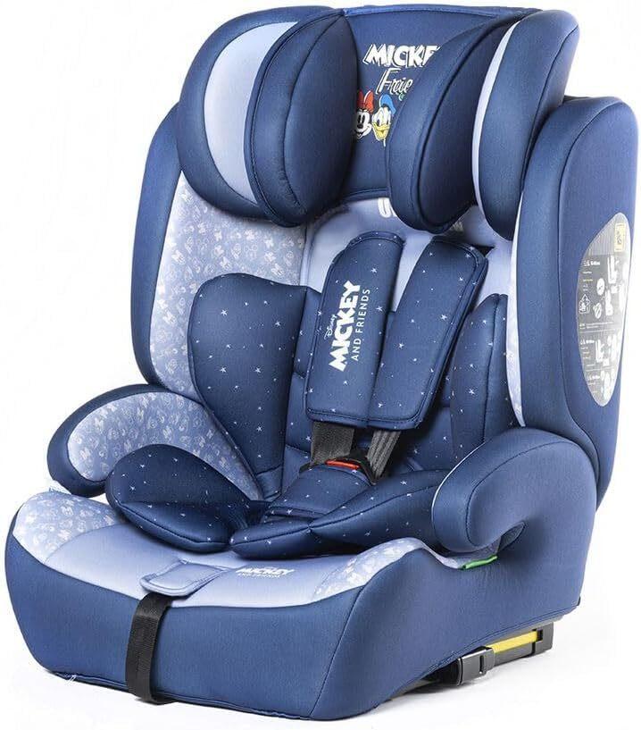 Tataway Seggiolino Auto Disney Mickey Mouse con attacco ISOFIX per la sicurezza dei bambini con altezza da 76 a 150 cm con grafiche di Mickey Mouse ed i suoi amici, su fondo blu
