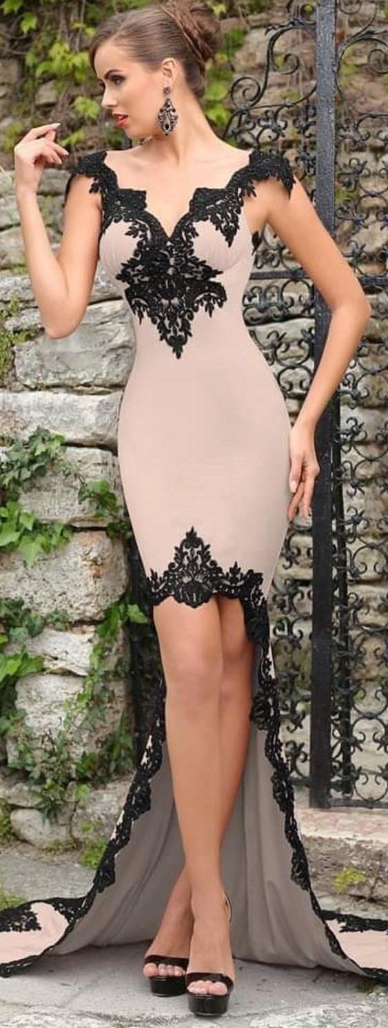 0740 SHORT DRESS IN FRONT AND LONG BEHIND CREPE NUDE WITH MACRAME '