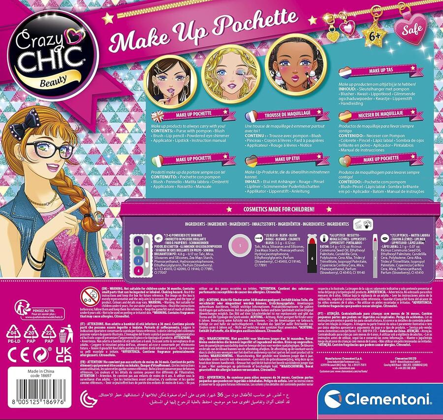 Clementoni Crazy Chic - Make Up Pochette, Trousse Trucchi Lavabili per Bambine di 6+ Anni, Borsetta Cosmetici Completa con Ombretti, Rossetto e Matita Labbra, Gioco Creativo e Idea Regalo, 18697