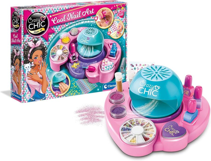 Clementoni - Set per Decorare Unghie Bambina, Crazy Chic Cool Nails, Gioco Creativo, Atelier Unghie con Smalti e Macchina Asciugasmalto, Idea Regalo per Bambine 6 Anni, 18599