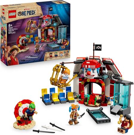 LEGO ONE PIECE La Tenda del Circo di Bagy il Clown - Giocattolo Interattivo con 4 Minifigure tra cui Luffy, Nami e Zoro, e 2 Poster Ricercato - Regalo per Bambini, Bambine e Fan da 8 Anni - 75637