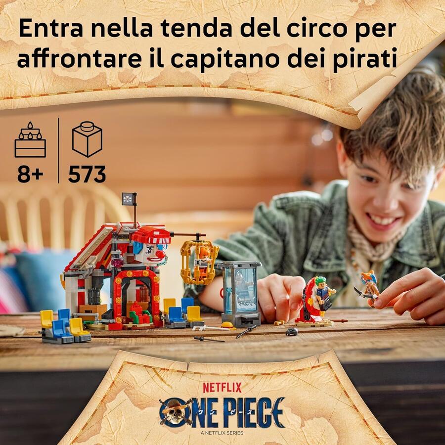LEGO ONE PIECE La Tenda del Circo di Bagy il Clown - Giocattolo Interattivo con 4 Minifigure tra cui Luffy, Nami e Zoro, e 2 Poster Ricercato - Regalo per Bambini, Bambine e Fan da 8 Anni - 75637