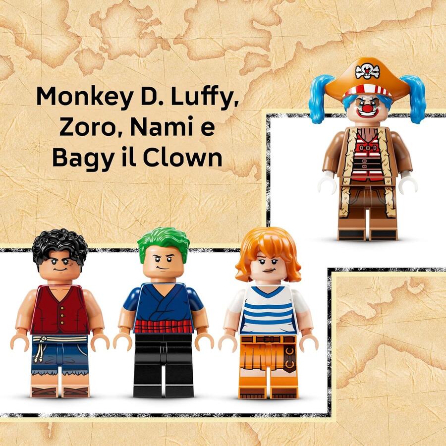 LEGO ONE PIECE La Tenda del Circo di Bagy il Clown - Giocattolo Interattivo con 4 Minifigure tra cui Luffy, Nami e Zoro, e 2 Poster Ricercato - Regalo per Bambini, Bambine e Fan da 8 Anni - 75637