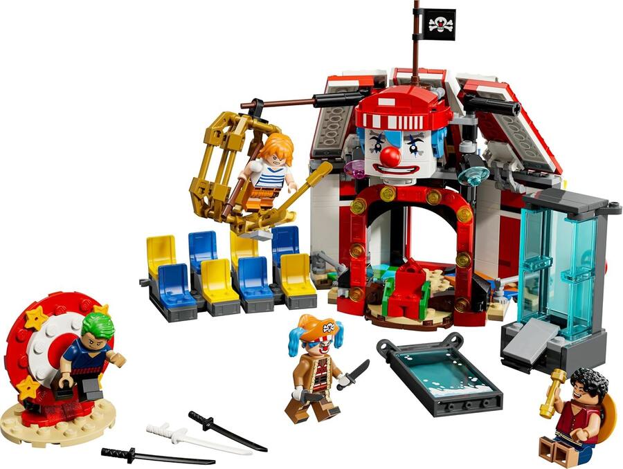 LEGO ONE PIECE La Tenda del Circo di Bagy il Clown - Giocattolo Interattivo con 4 Minifigure tra cui Luffy, Nami e Zoro, e 2 Poster Ricercato - Regalo per Bambini, Bambine e Fan da 8 Anni - 75637