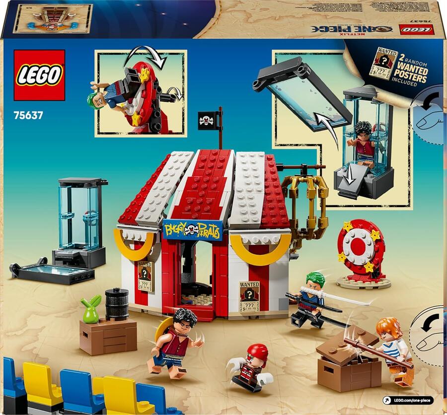 LEGO ONE PIECE La Tenda del Circo di Bagy il Clown - Giocattolo Interattivo con 4 Minifigure tra cui Luffy, Nami e Zoro, e 2 Poster Ricercato - Regalo per Bambini, Bambine e Fan da 8 Anni - 75637
