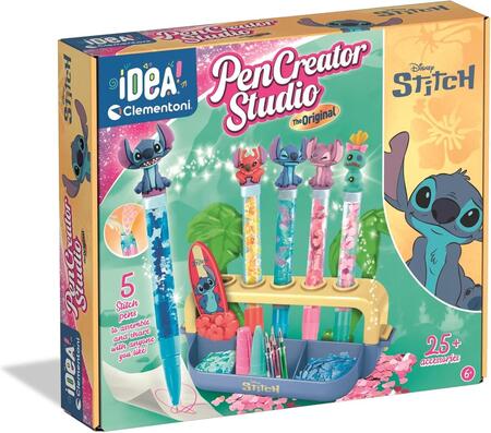 Clementoni Idea - Laboratorio delle Penne Disney Stitch, Kit Creativo per Bambini 6+ Anni, con 25+ Accessori e 5 Penne Personalizzabili con Personaggi, Lingua Italiana, 18204