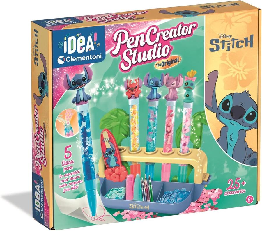 Clementoni Idea - Laboratorio delle Penne Disney Stitch, Kit Creativo per Bambini 6+ Anni, con 25+ Accessori e 5 Penne Personalizzabili con Personaggi, Lingua Italiana, 18204