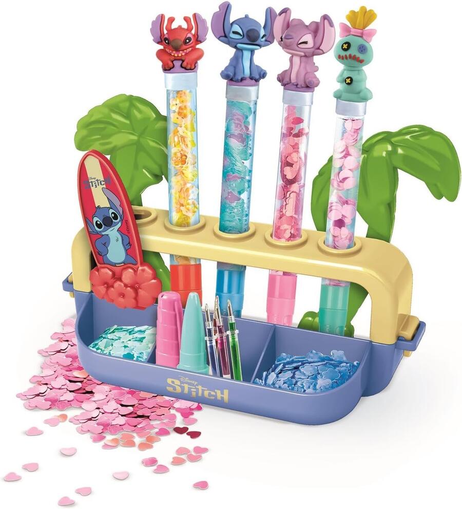 Clementoni Idea - Laboratorio delle Penne Disney Stitch, Kit Creativo per Bambini 6+ Anni, con 25+ Accessori e 5 Penne Personalizzabili con Personaggi, Lingua Italiana, 18204