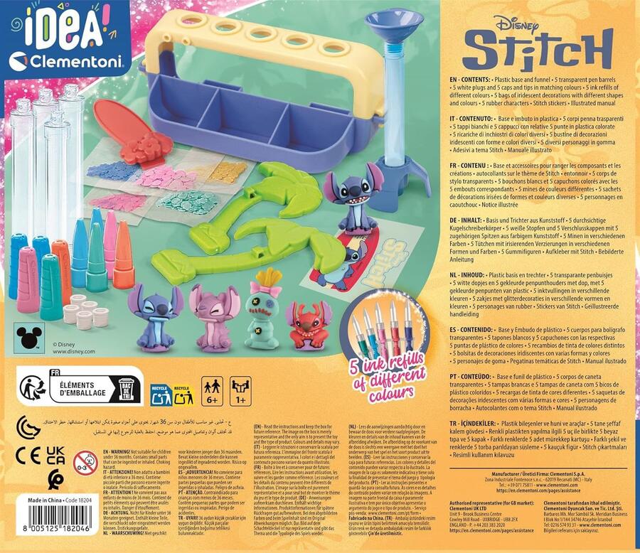 Clementoni Idea - Laboratorio delle Penne Disney Stitch, Kit Creativo per Bambini 6+ Anni, con 25+ Accessori e 5 Penne Personalizzabili con Personaggi, Lingua Italiana, 18204
