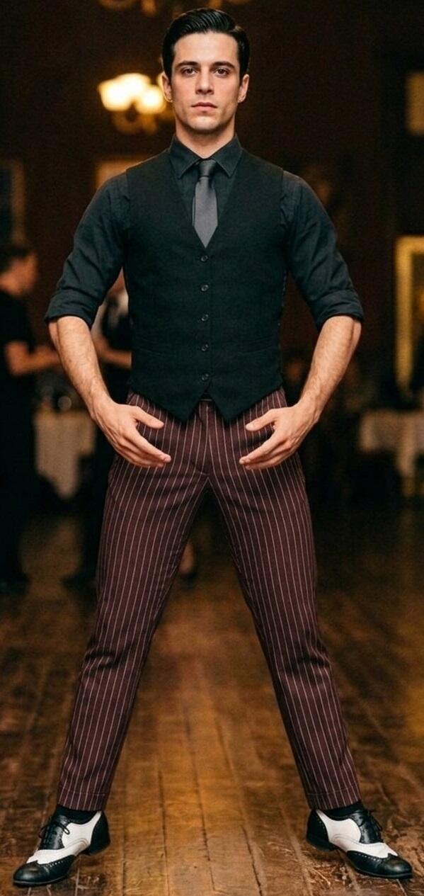 Brick-colored pinstriped trousers for tango and social dance 7-0016