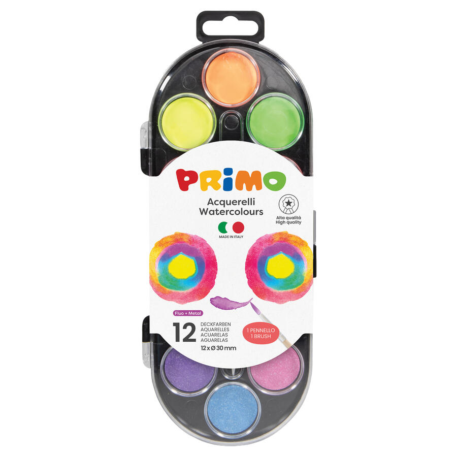 Pastiglie ACQUERELLO FLUO e METAL ø 440mm PRIMOASTUCCIO 12 PASTIGLIE ACQUERELLI PRIMO