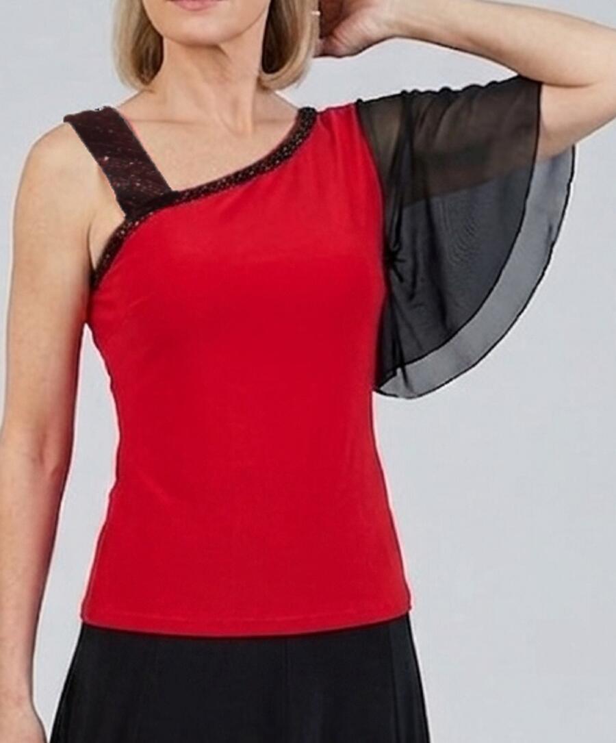 MAGLIA MONOSPALLA CON TULLE E TESSUTO BRILLANTINI 6-0026