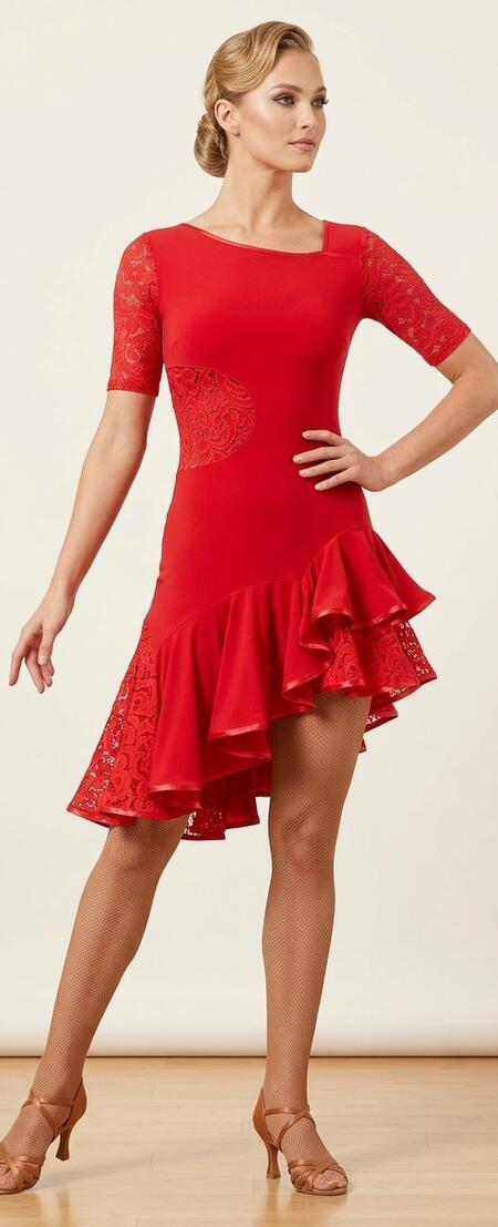 ABITO CON PIZZO E TULLE DA LATINO E BALLI IN GENERE U216R ROSSO