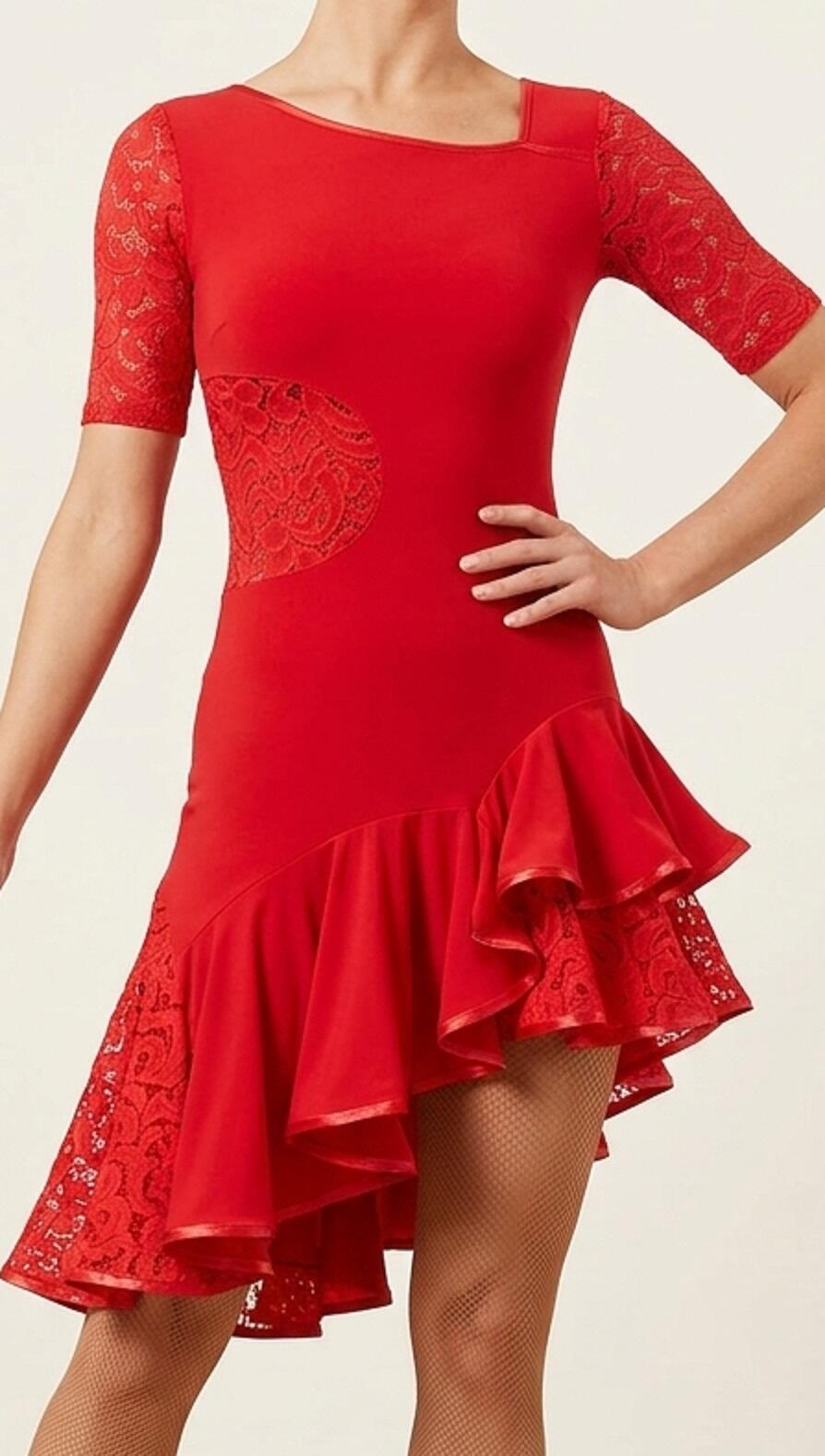 ABITO CON PIZZO E TULLE DA LATINO E BALLI IN GENERE U216R ROSSO