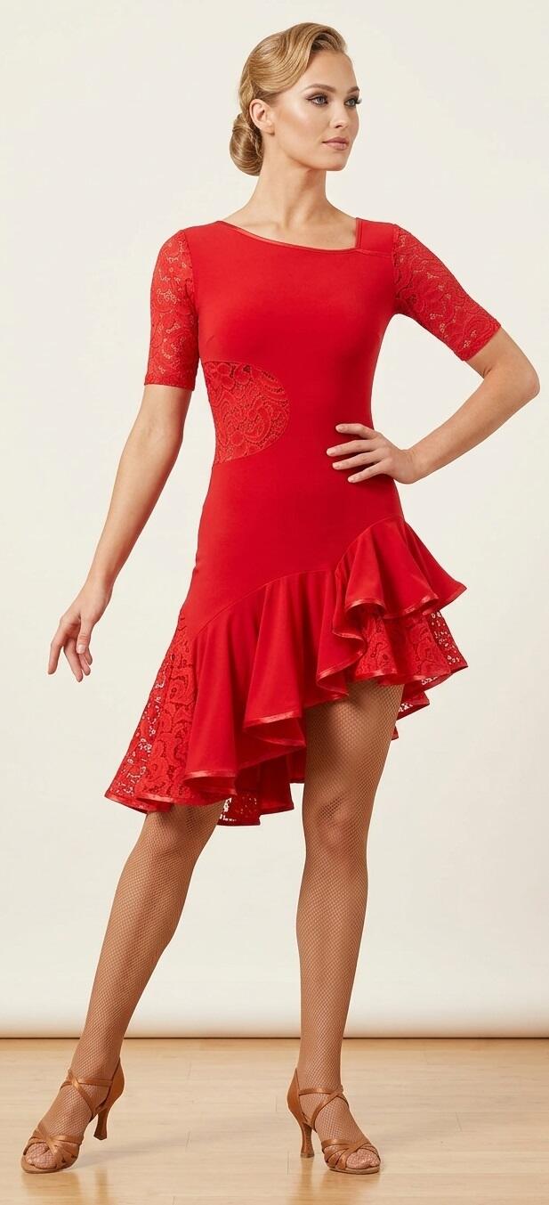 ABITO CON PIZZO E TULLE DA LATINO E BALLI IN GENERE U216R ROSSO