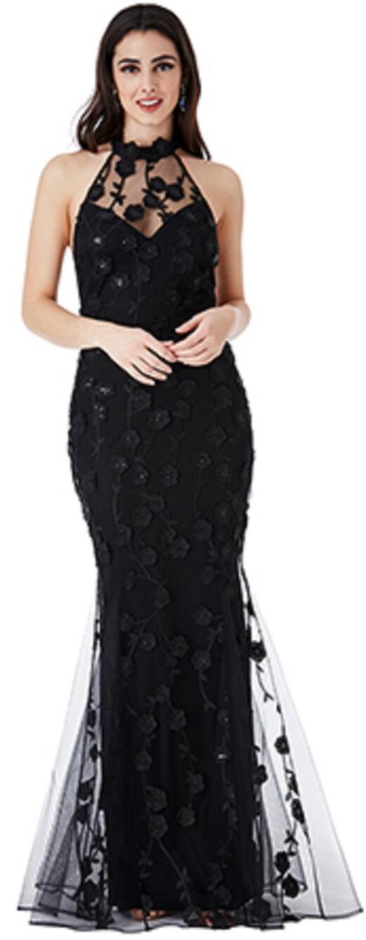 0373 ABITO LUNGO IN MAGLINA CON TULLE SOPRA RICAMATO CON PETALI A RILIEVO E PAILLETTES