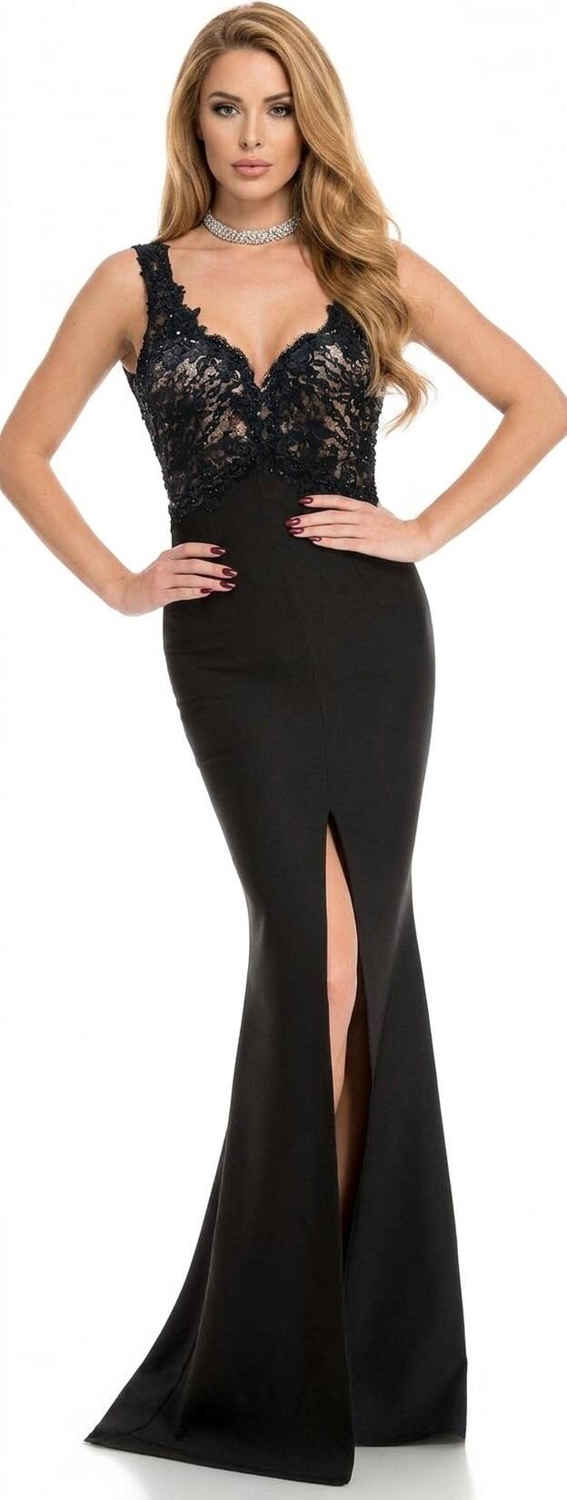 0186 ABITO CON SPACCO CENTRALE PAILLETTES ORO E PIZZO MACRAME'