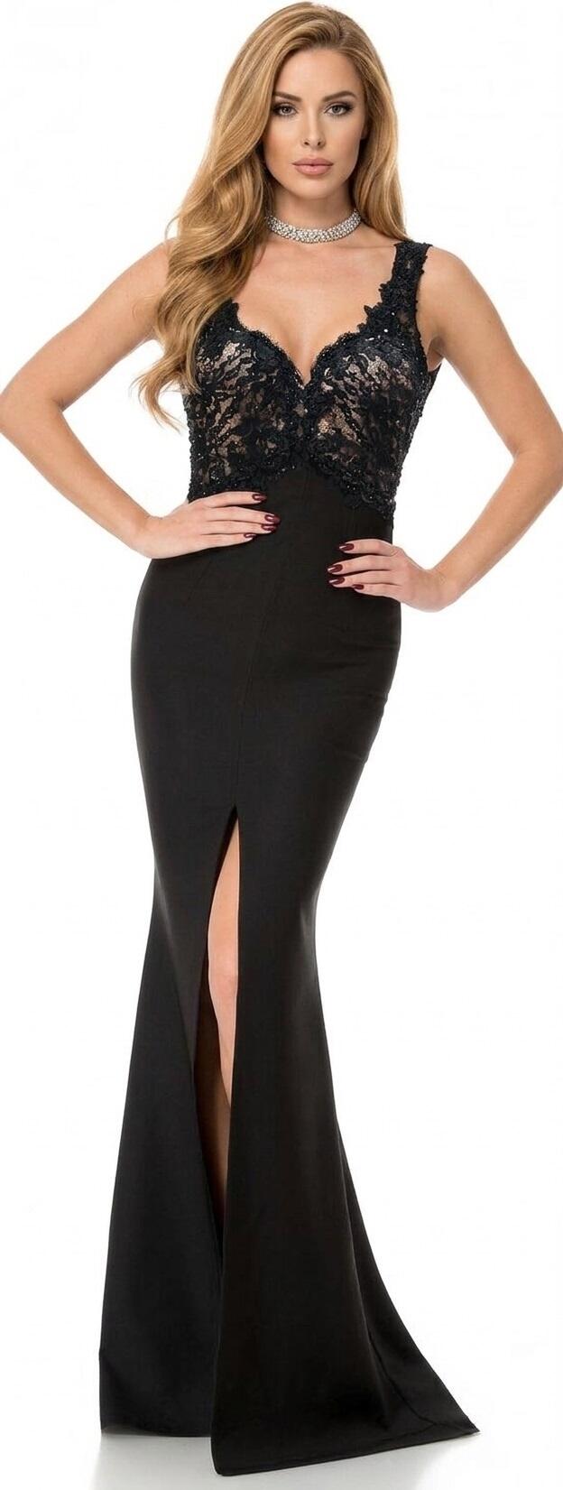 0186 ABITO CON SPACCO CENTRALE PAILLETTES ORO E PIZZO MACRAME'