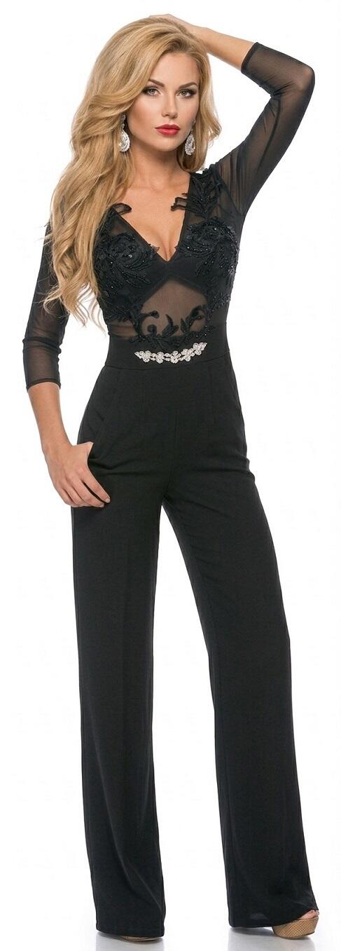 0099 TUTA IN CREPE CON CORPO IN TULLE E PIETRE NERE