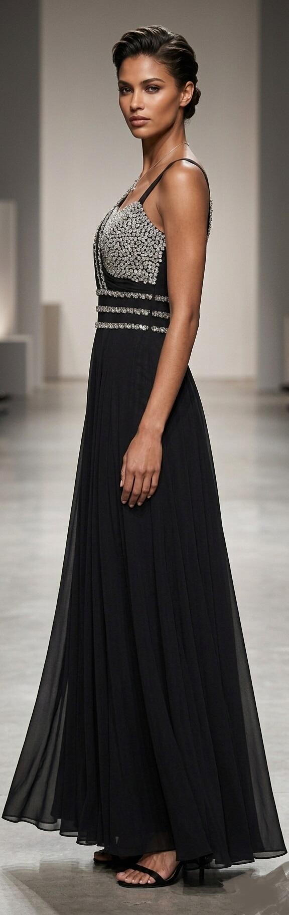 0984 Abito lungo in tulle foderato con paillettes argento