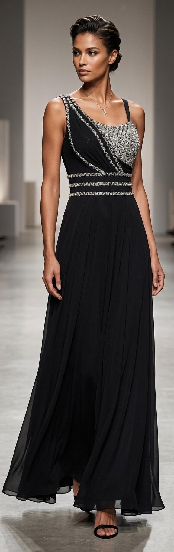 0984 Abito lungo in tulle foderato con paillettes argento