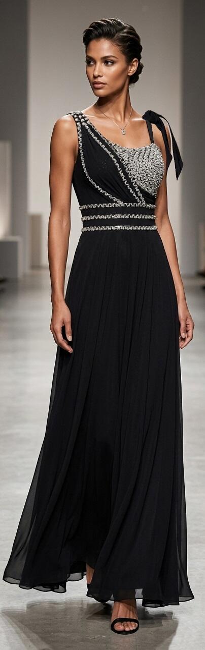0984 Abito lungo in tulle foderato con paillettes argento