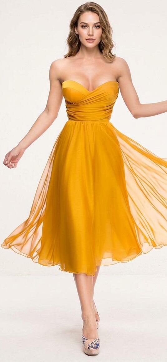 0337 ABITO IN CHIFFON GIALLO OCRA FODERATO CON CORPETTO A FASCIA