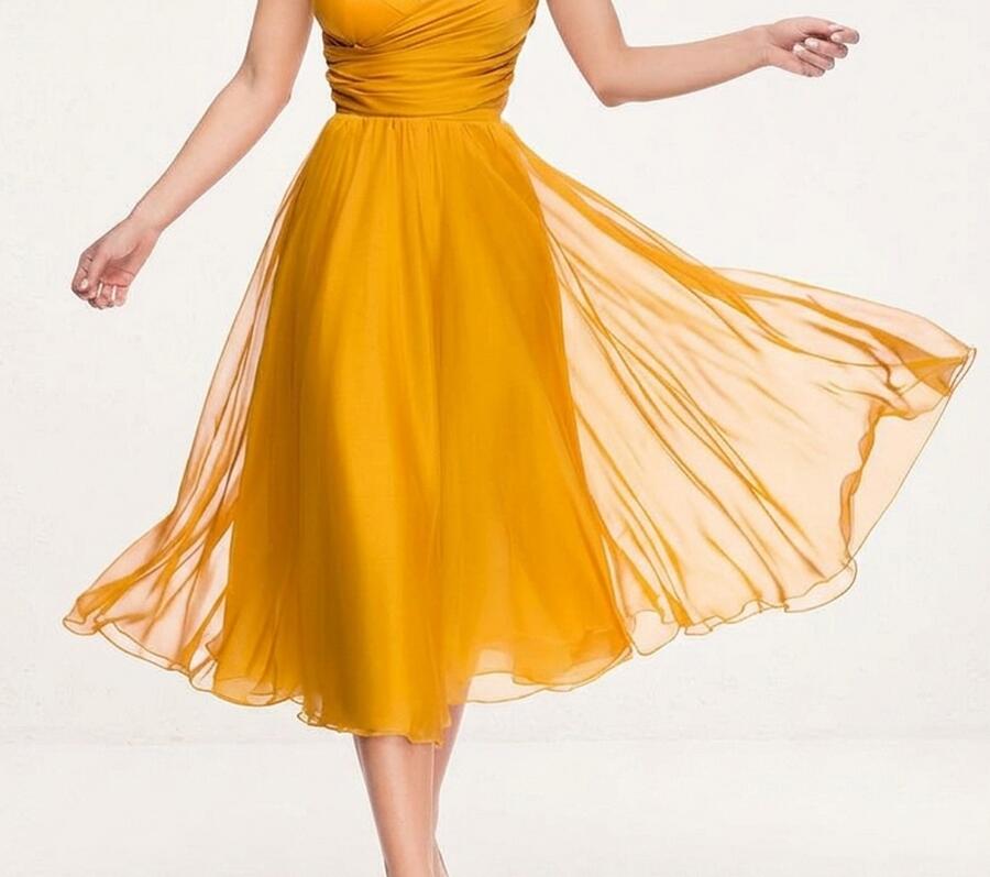0337 ABITO IN CHIFFON GIALLO OCRA FODERATO CON CORPETTO A FASCIA