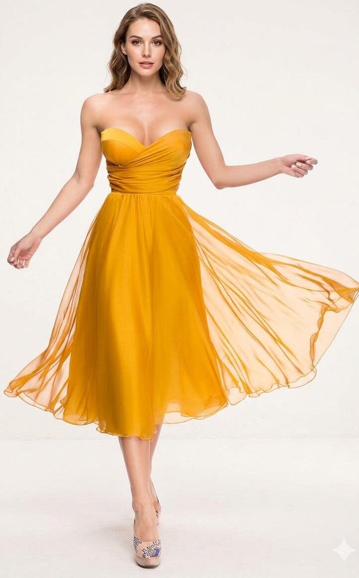 0337 ABITO IN CHIFFON GIALLO OCRA FODERATO CON CORPETTO A FASCIA