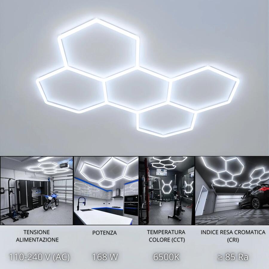 Luci Led Da Soffitto Esagonali 168w 6500K Garage Lampada 5 Esagoni Nido d'Ape