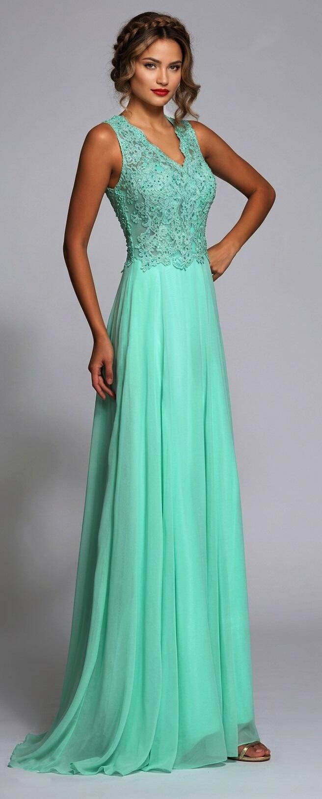 0341 ABITO A IMPERO IN CHIFFON VERDE MENTA CON PIZZO NEL SENO