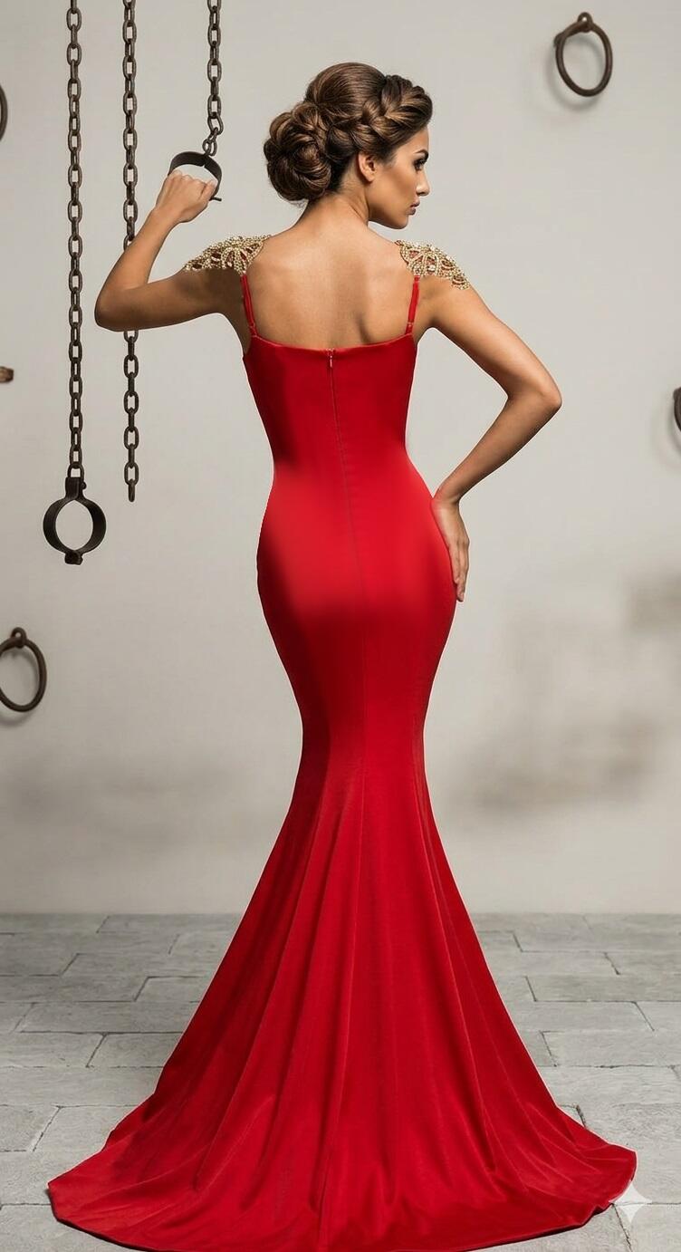 0672 ABITO A SIRENA CON SPACCO E MACRAME' BRONZO NEL CORPETTO